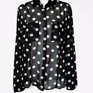 Guess Women's Black White Polka Dot Button Down Long Sleeve Sheer Blouse Size M